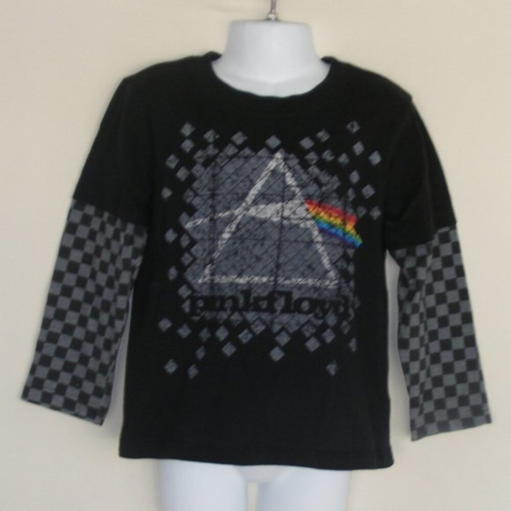 PINK FLOYD Kids Tshirt, 5T, Checked Long Sleeves, Black/Gray, Layered Look